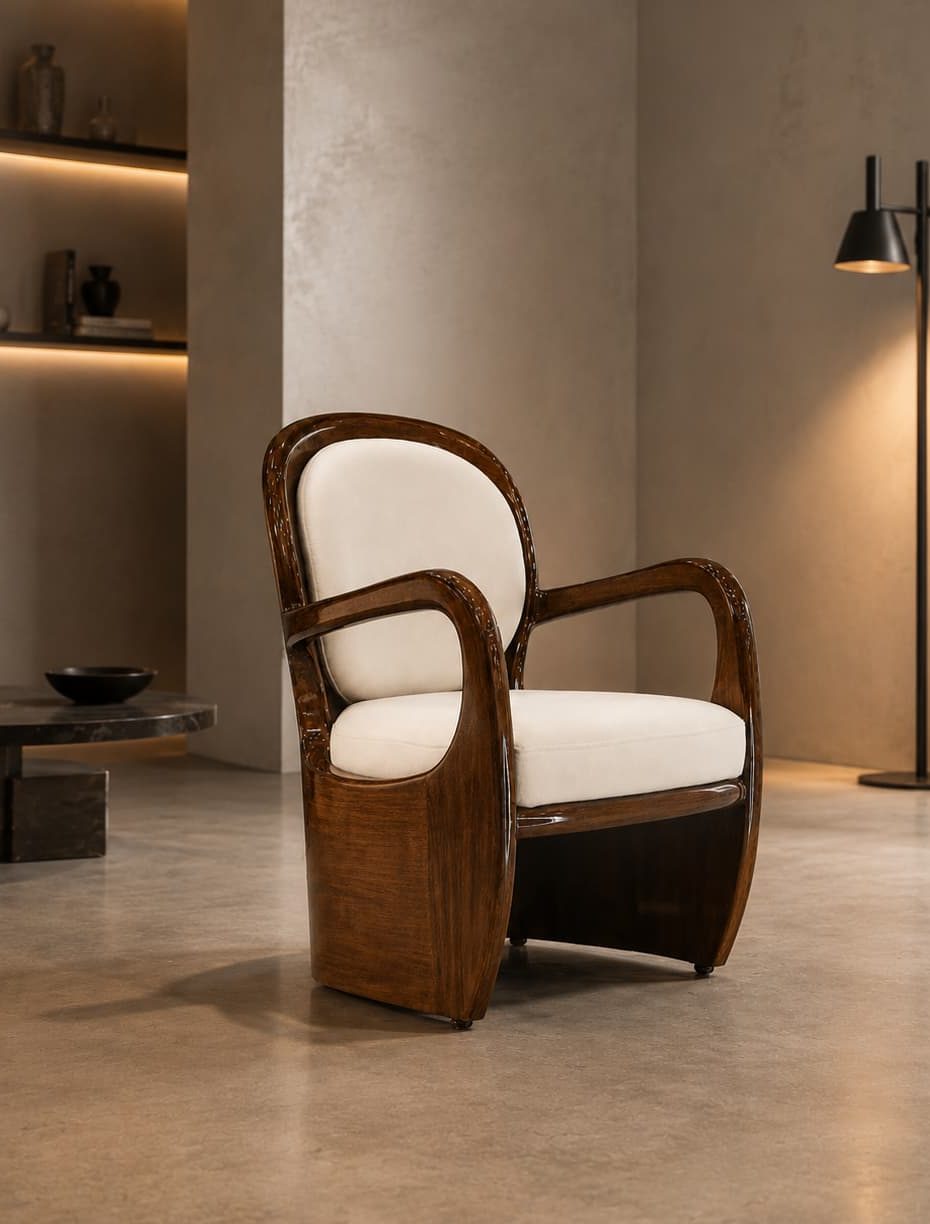 Aureo accent chair with glossy mahogany frame and cream cushions in a modern lounge