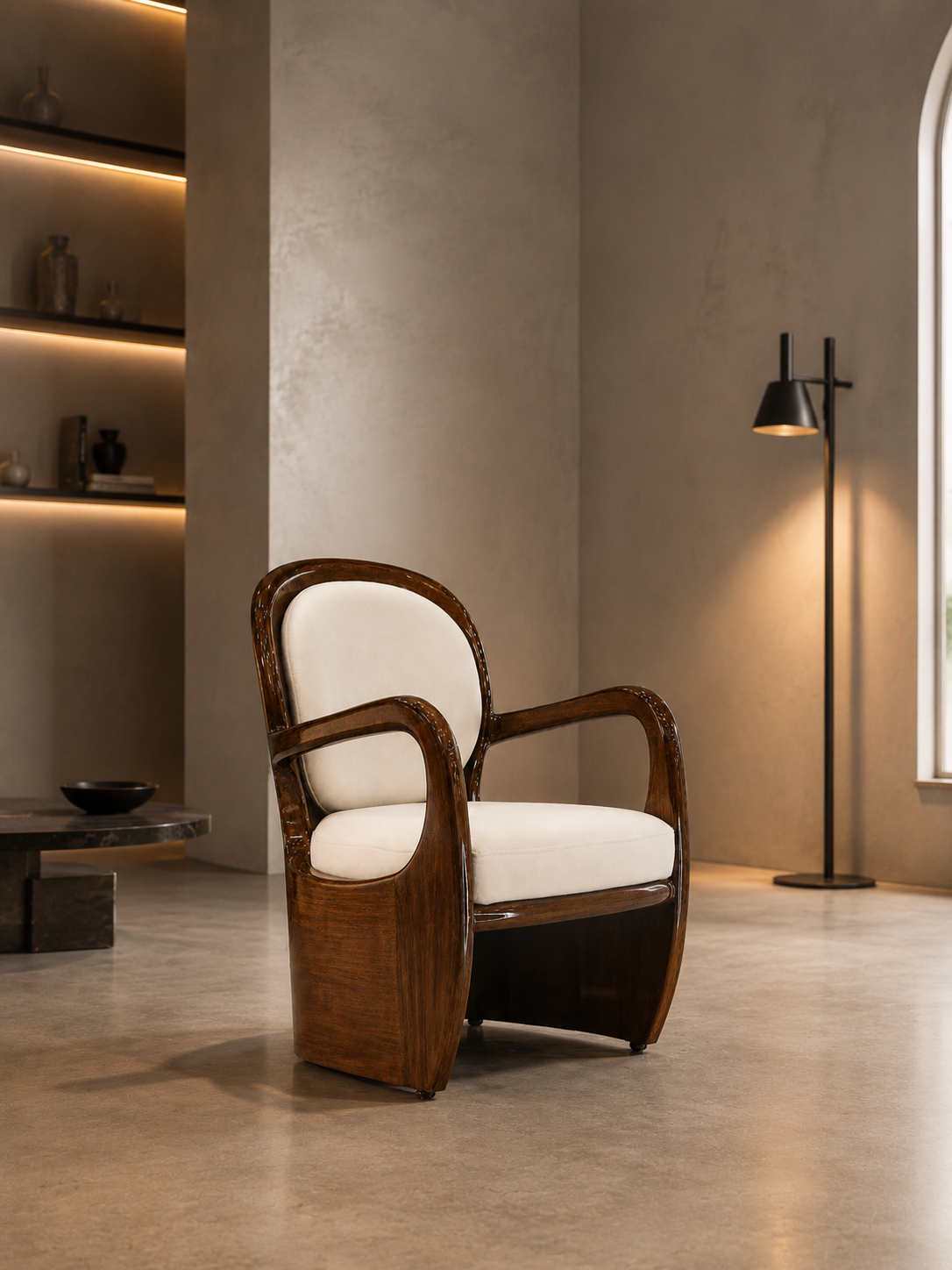 Aureo accent chair styled beside a floor lamp in a warm-toned modern room