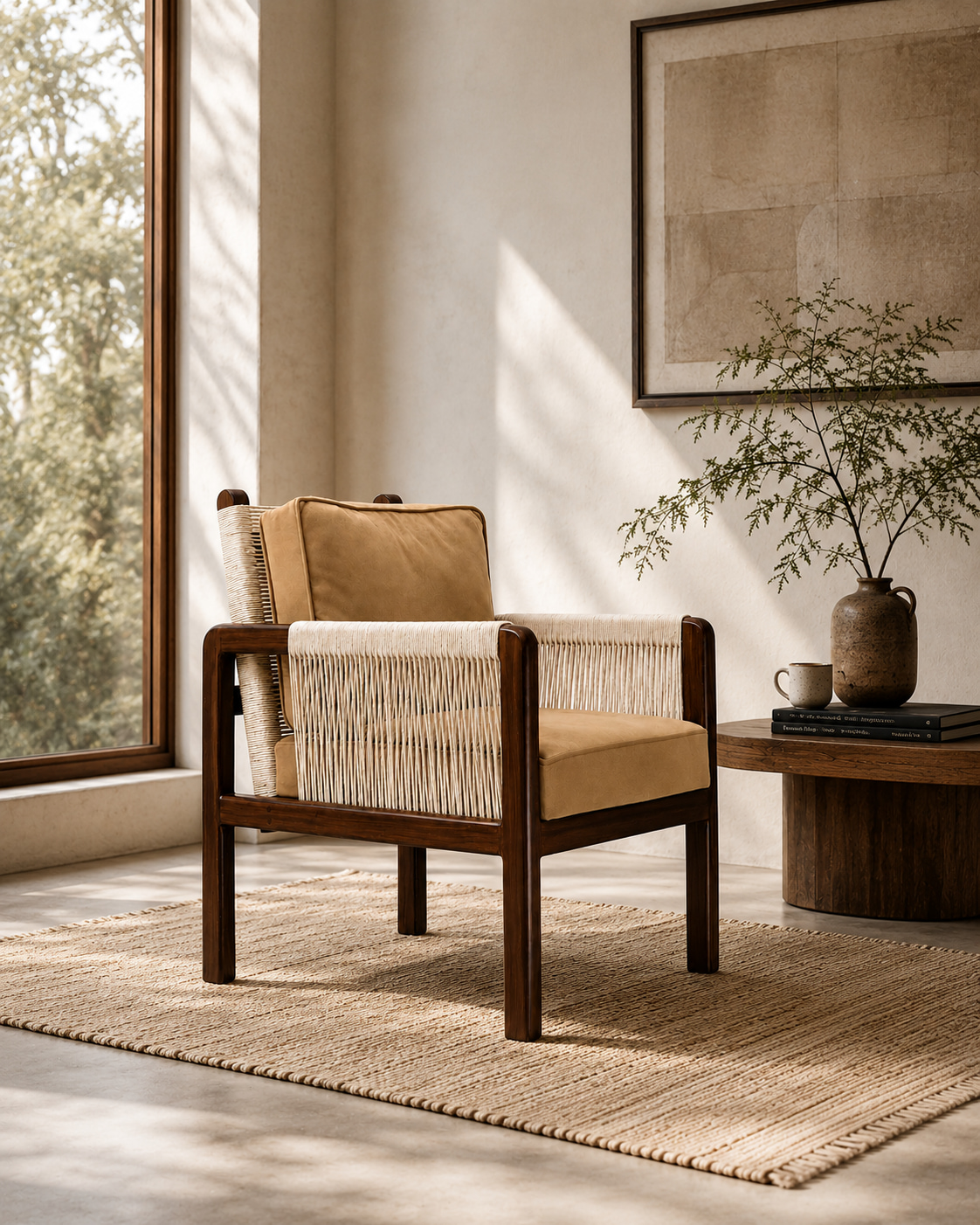 Solace Lounge Chair styled in a sunlit living room with jute rug and plant