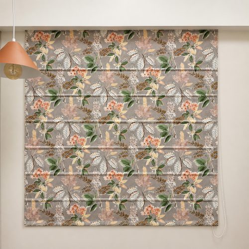 Grey botanical print roman blind styled with an orange pendant light