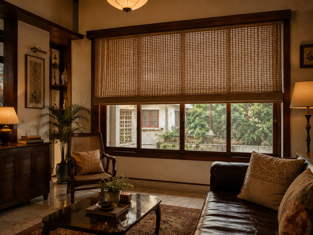 Bamboo blind fitted in a traditional Kolkata living room