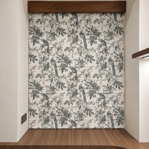 Charcoal toile roman blind with tropical bird and botanical print