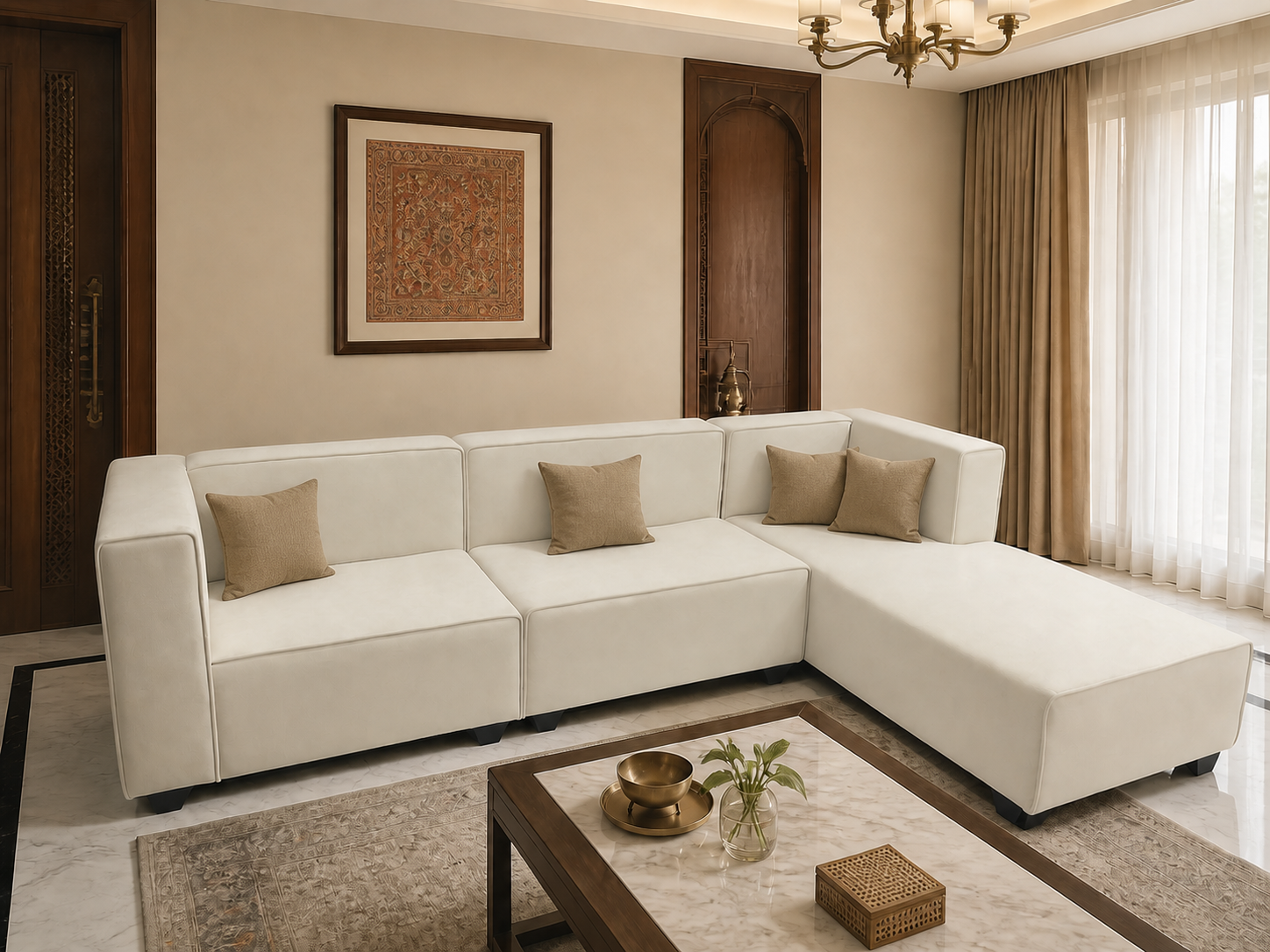 Cream L-shape sectional sofa with cushions in a Kolkata living room — Avikar