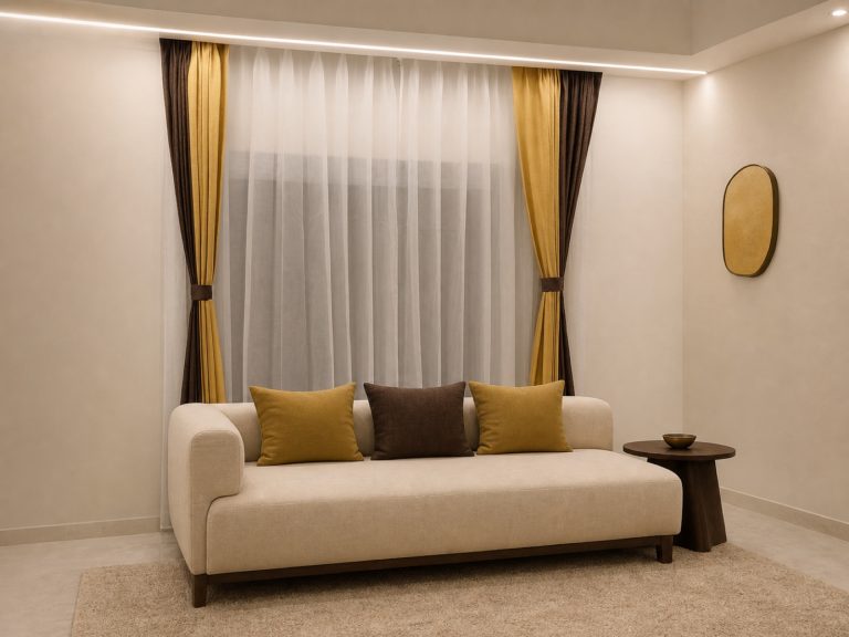 Gold and brown pleated curtains with sheer panel above a beige sofa, Avikar Kolkata