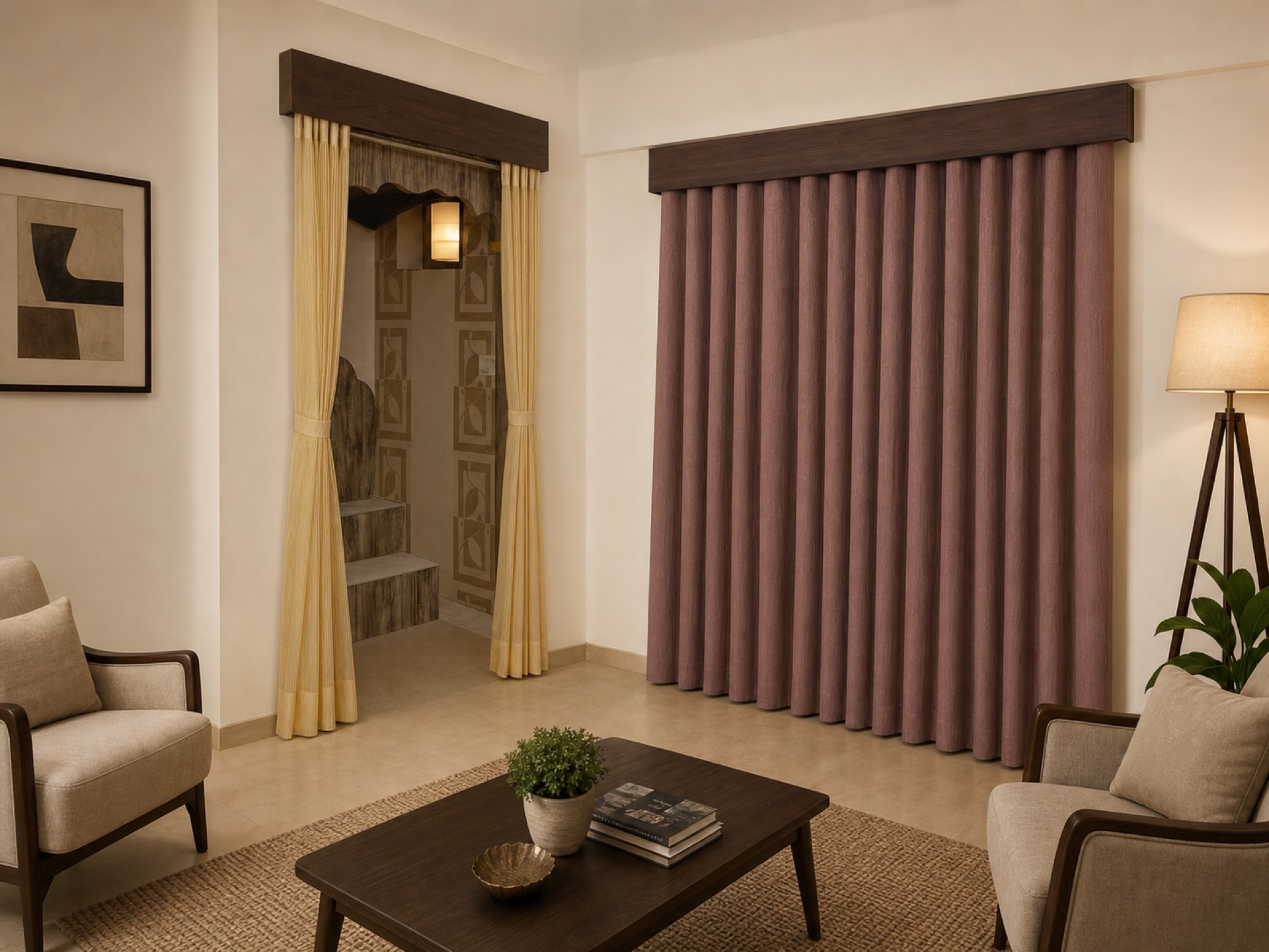 Window Coverings Kolkata: Blinds & Curtains gold mauve curtains wide room interior 1920x1440