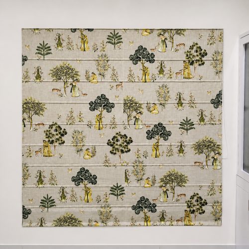 Scenic toile-print roman blind with trees and deer on natural linen fabric