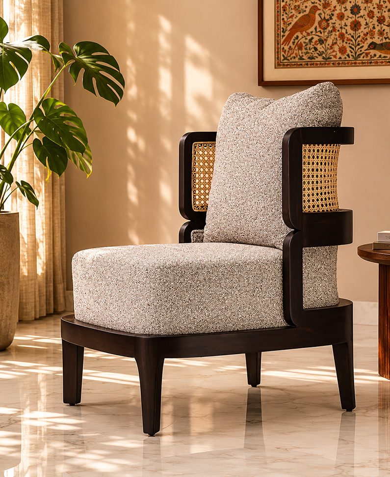 Veena accent chair styled beside a monstera plant with Indian folk art print