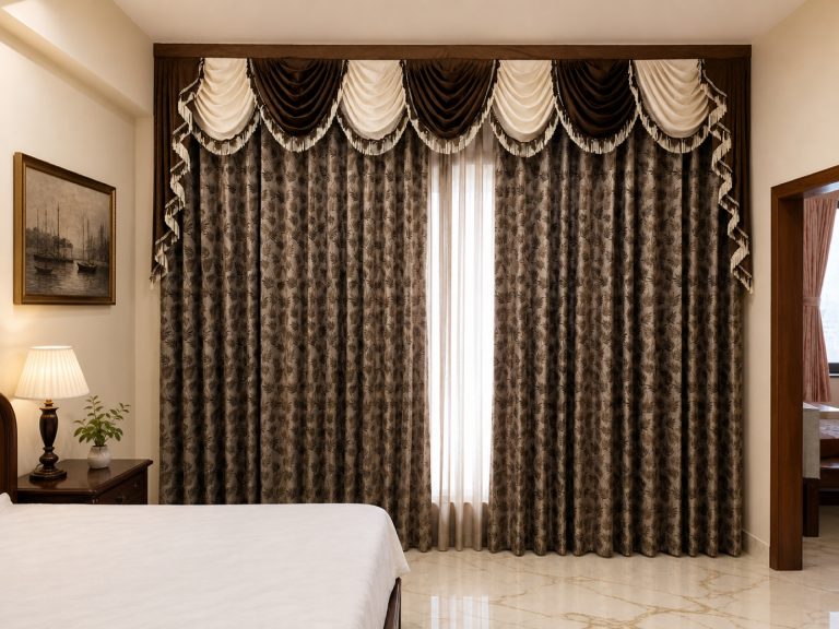 Ornate scalloped valance over patterned drapes in a marble-floored Kolkata bedroom