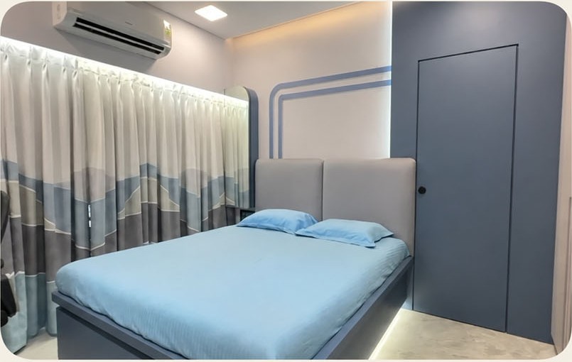 Upholstered headboard and curtain installation - bedroom 2