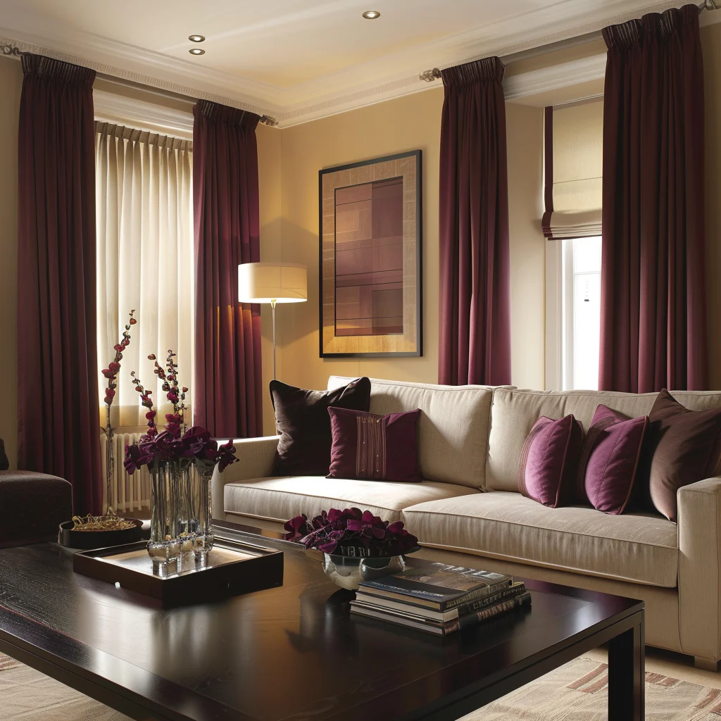 deep burgundy curtains contrast elegantly against soft beige walls in a sophisticated living room creating a rich and inviting atmosphere3