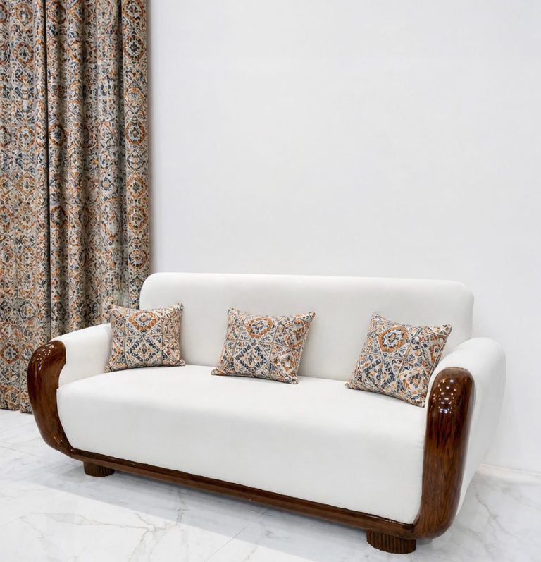 teak wood sofa with printed cusions