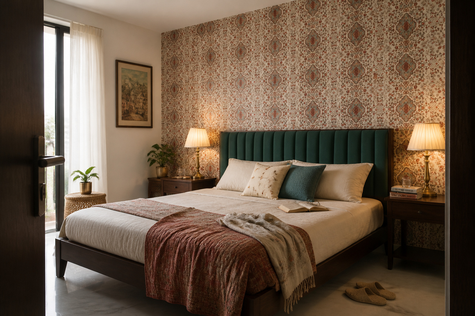 Teal channel upholstered headboard against heritage patterned wallpaper in a Kolkata bedroom by Avikar