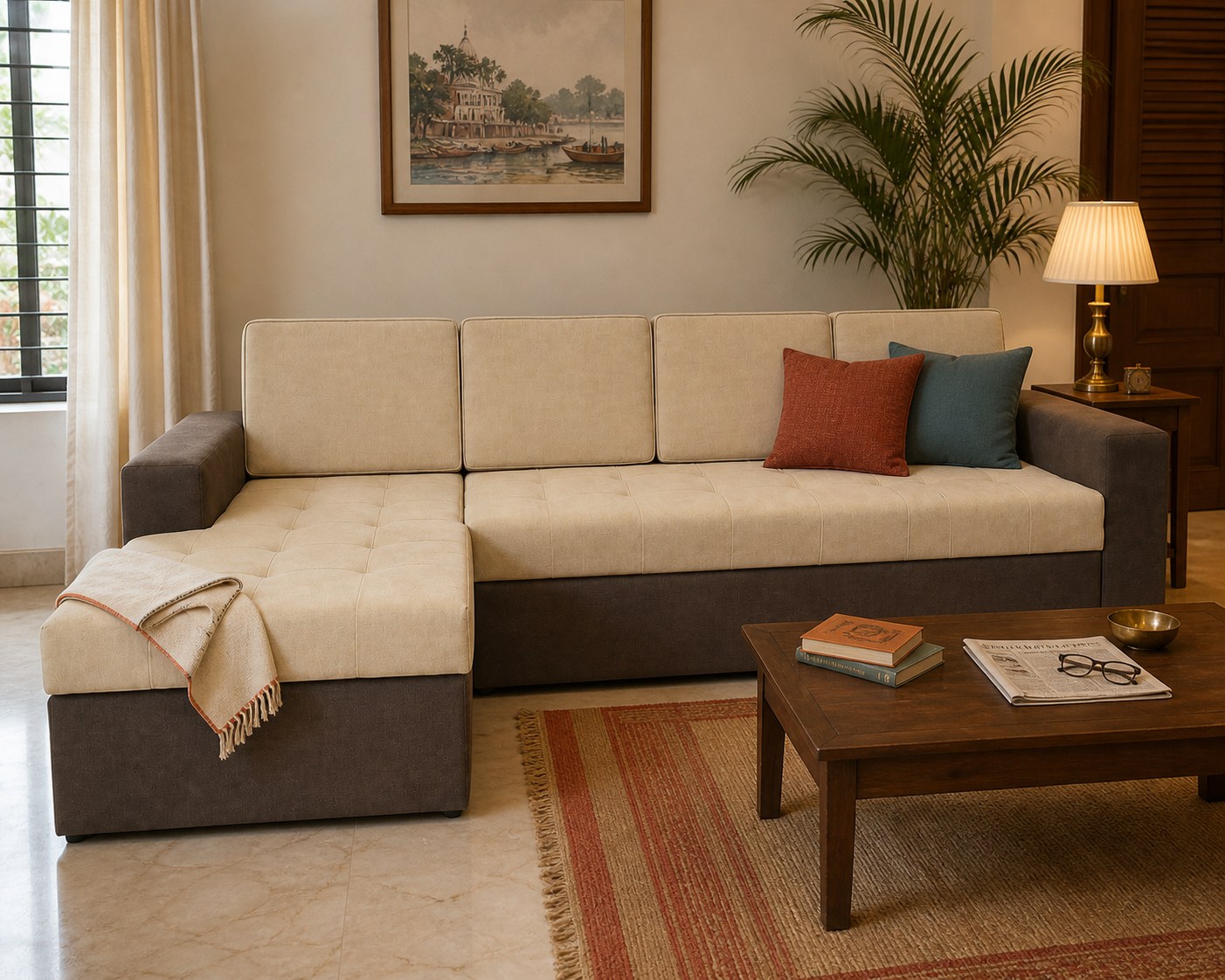 avikar l shaped sofa cum bed in a lived in bengali home in kolkata