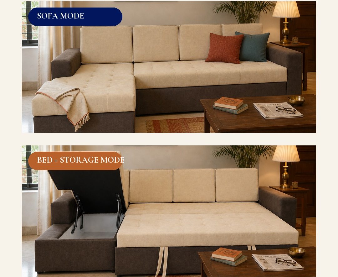 avikar l shaped sofa cum bed instagram campaign, open and closed, kolkata