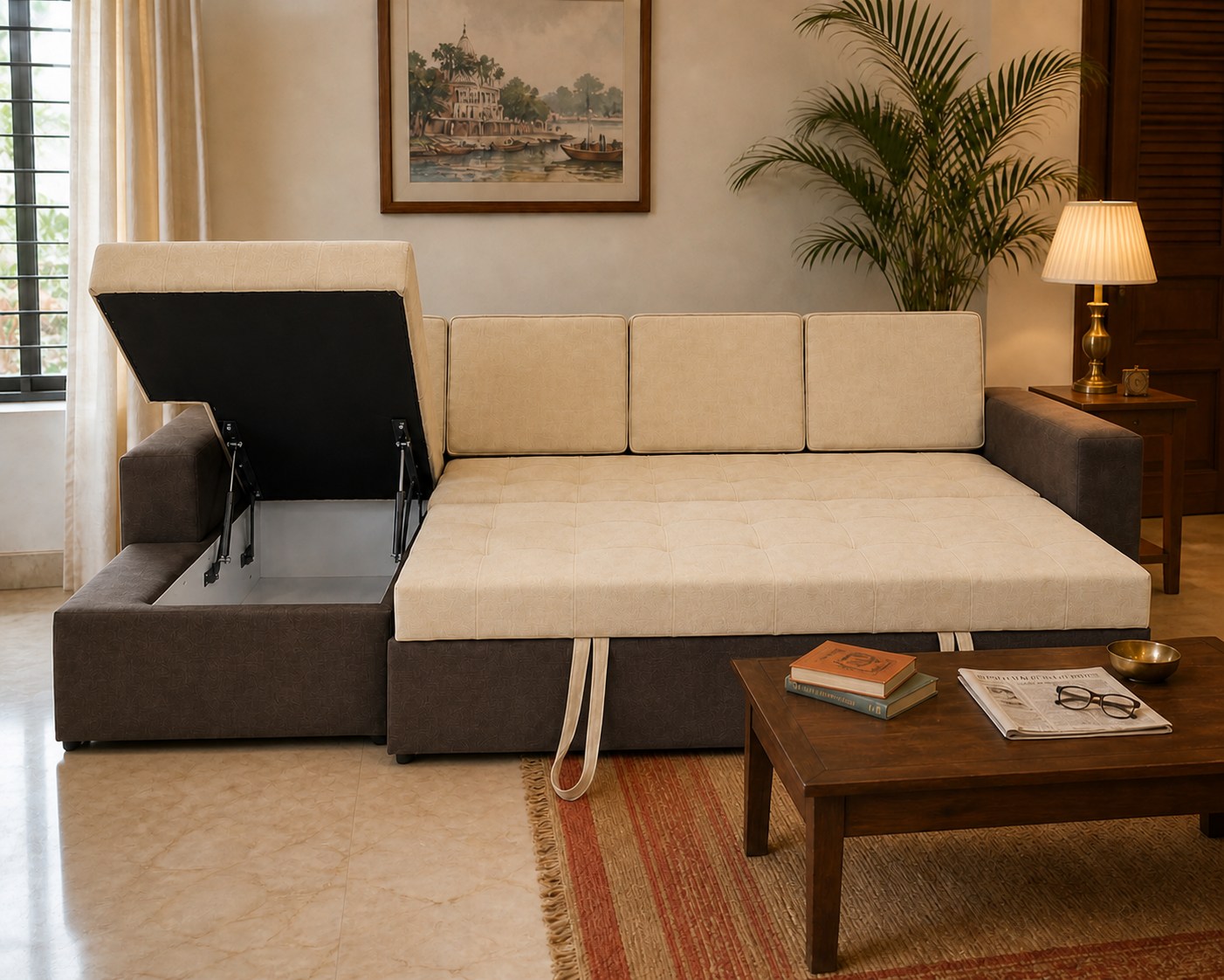 avikar l shaped sofa cum bed open in a lived in bengali home in kolkata