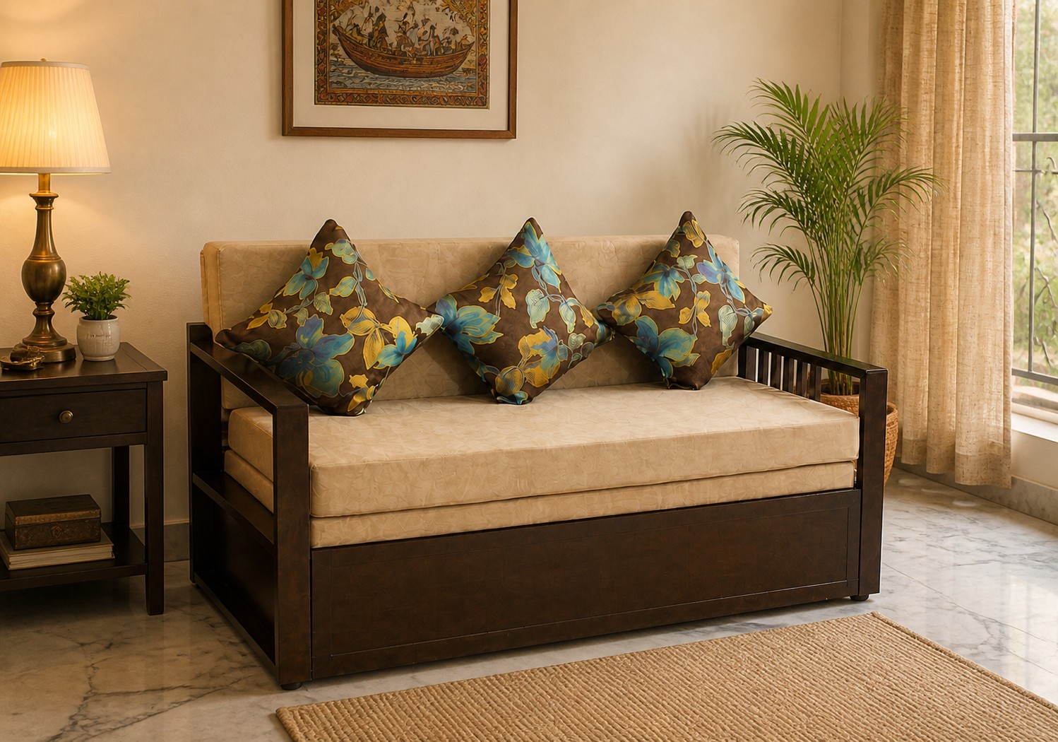 avikar mahogany sofa cum bed closed in bengali home, kolkata