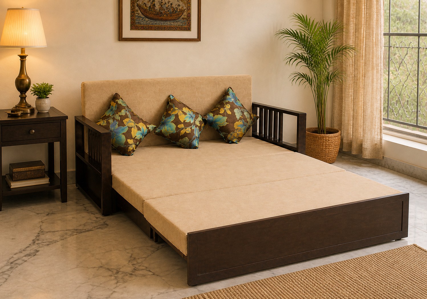 avikar mahogany sofa cum bed open in bengali home, kolkata