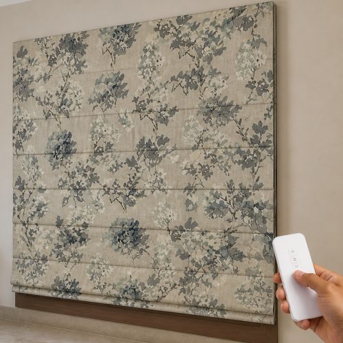 avikar motorised botanical roman blinds lowered with remote in an indian home
