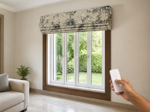 Window Coverings Kolkata: Blinds & Curtains avikar motorised botanical roman blinds raised with remote in an indian home