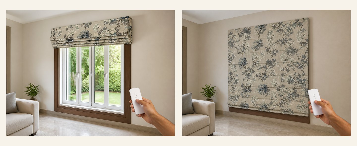 avikar motorised roman blinds raised lowered preview
