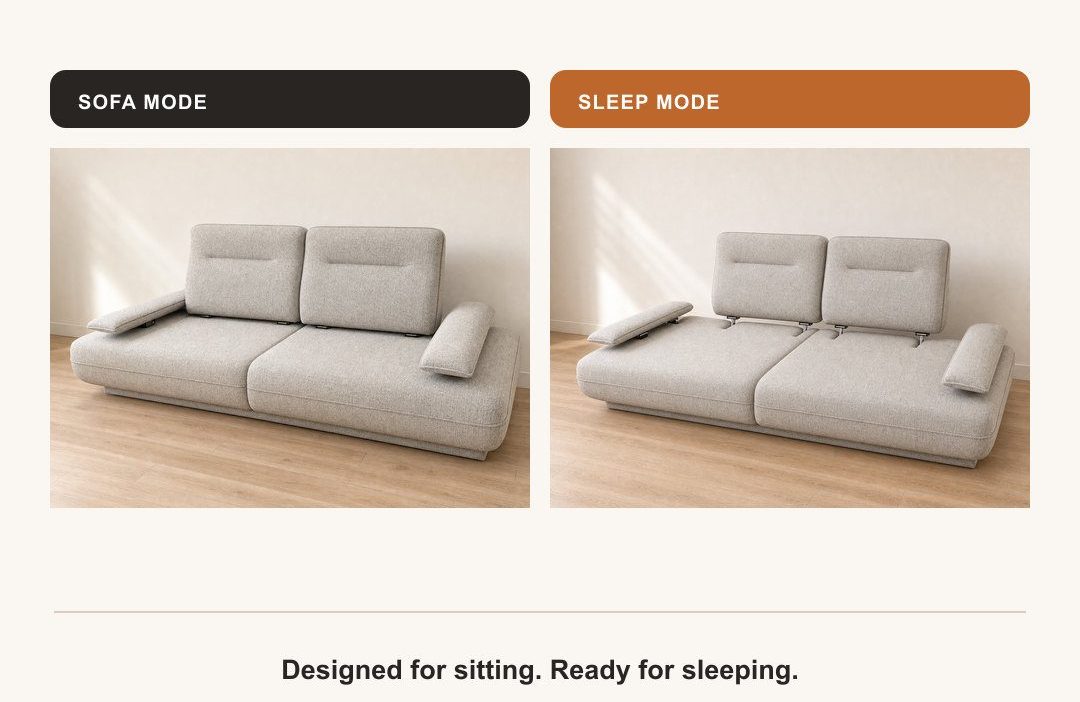 Avikar sofa-cum-bed shown in sofa mode and sleep mode for small Kolkata flats