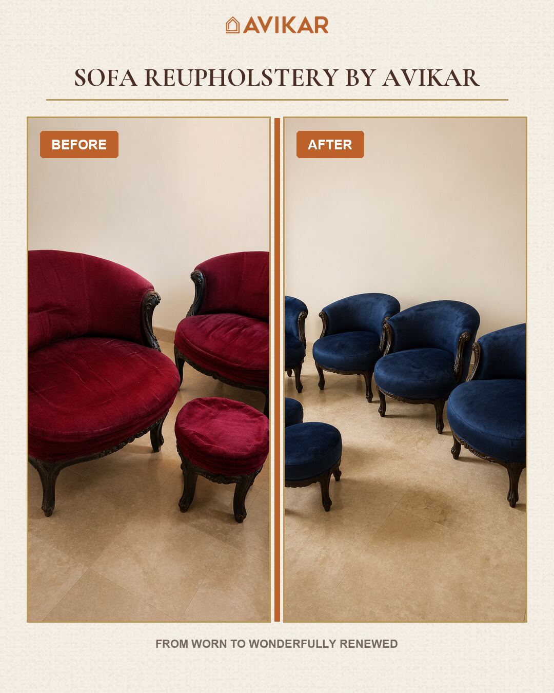 Sofa Repair in Kolkata: What Can Actually Be Fixed — and What Can't Set of tub chairs reupholstered from red to blue velvet by Avikar, Kolkata