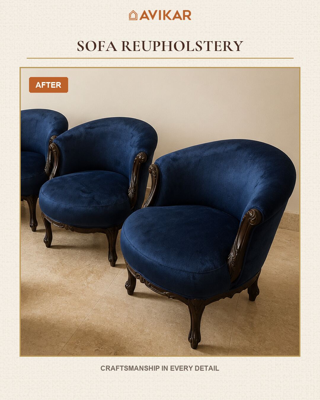 Sofa Repair in Kolkata: What Can Actually Be Fixed — and What Can't Close-up of finished upholstery detail on restored tub chairs at Avikar, Kolkata