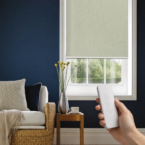 motorised blind soft green bedroom