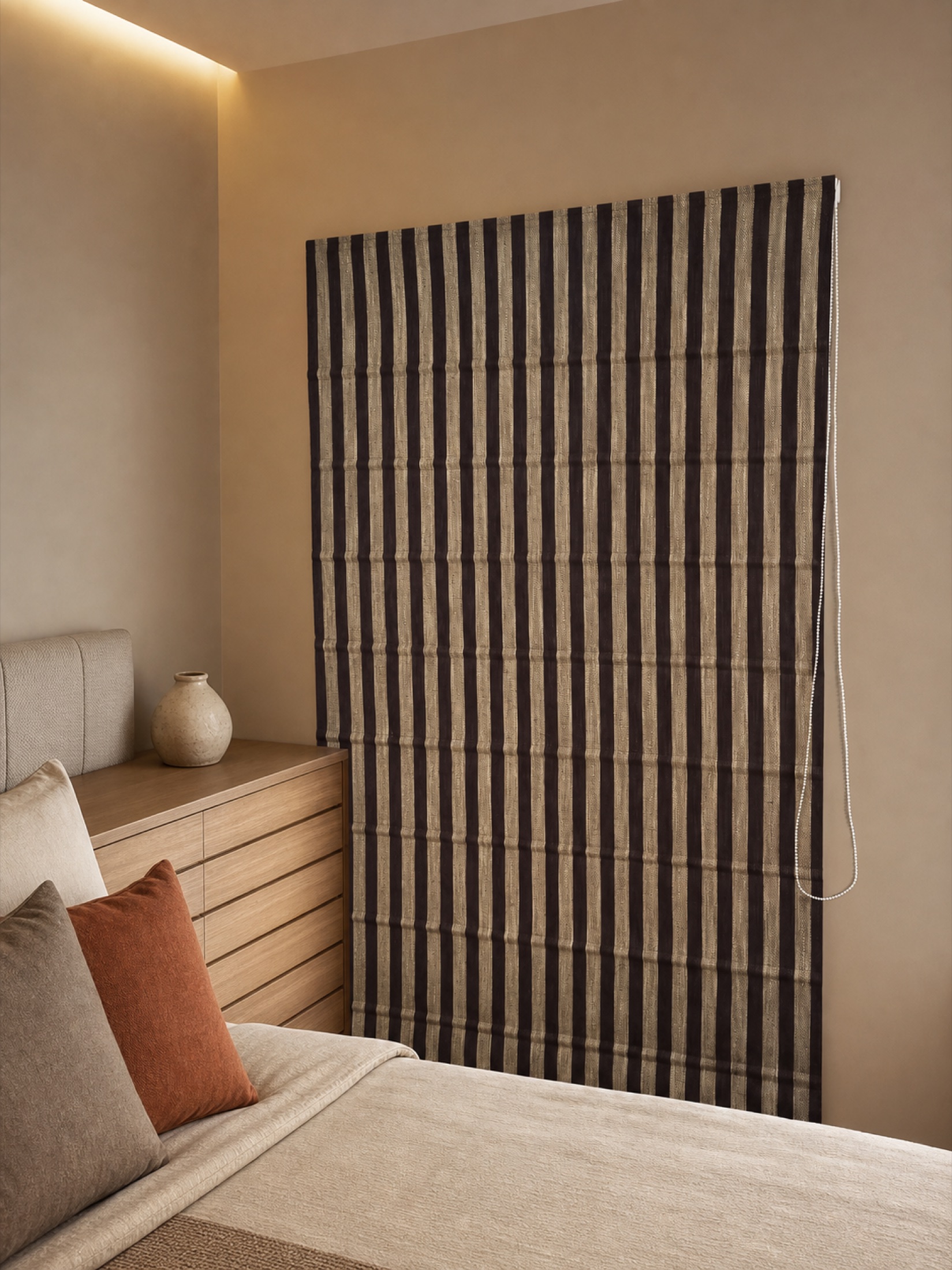 Striped Roman Blinds in Kolkata: Handloom Texture & Modern Contrast Charcoal and natural handloom striped Roman blind in a Kolkata bedroom — Avikar