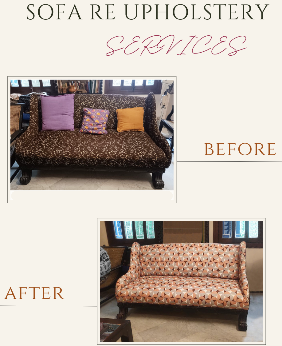 Sofa Repair in Kolkata: What Can Actually Be Fixed — and What Can't Carved wooden settee before and after reupholstery by Avikar, Kolkata