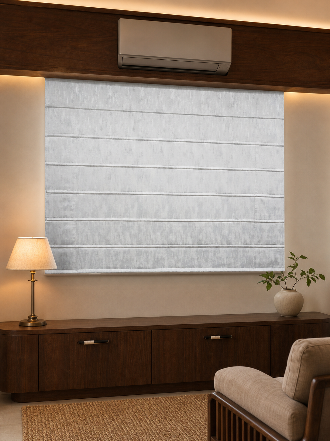 Plain solid textured light-grey Roman blind in a wood-panelled Kolkata living room — Avikar