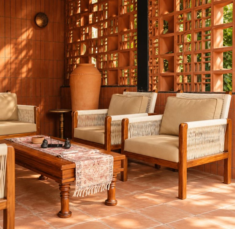 Solace solid mahogany lounge chairs with hand-knotted rope arms at Ivara Resort