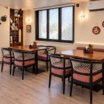 Avikar Jali chairs, solid mahogany with black matt finish, white rope diamond lattice back and coral leatherette seat