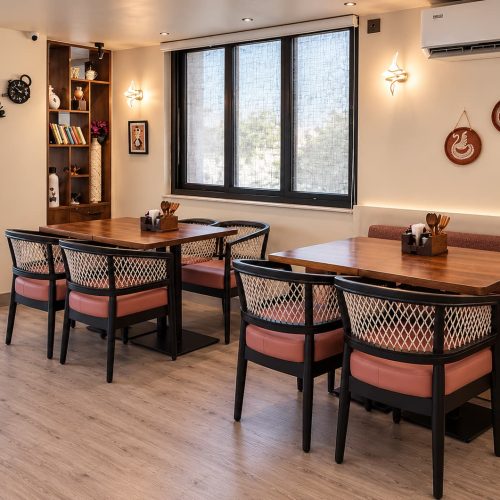Avikar Jali chairs, solid mahogany with black matt finish, white rope diamond lattice back and coral leatherette seat