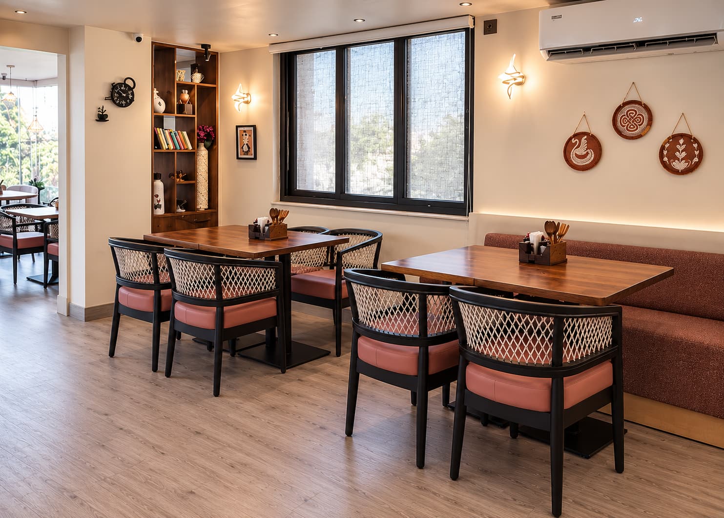 Avikar Jali chairs, solid mahogany with black matt finish, white rope diamond lattice back and coral leatherette seat