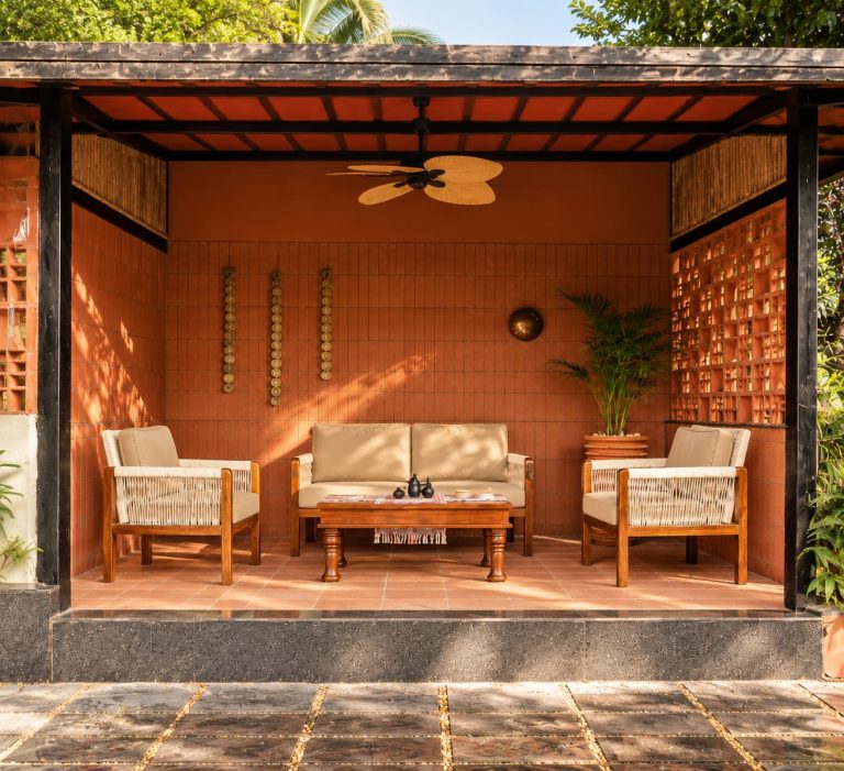 Solace lounge chairs and sofa in the garden pavilion at Ivara Resort, West Bengal